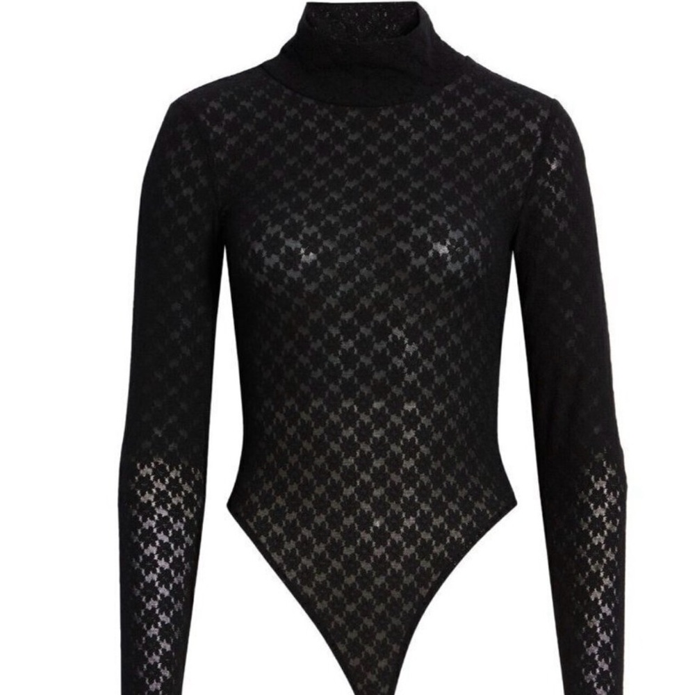 OPEN Edit BNWT Womens Black Lace Sheer Mockneck Bodysuit Sz Xsmall Long Sleeve